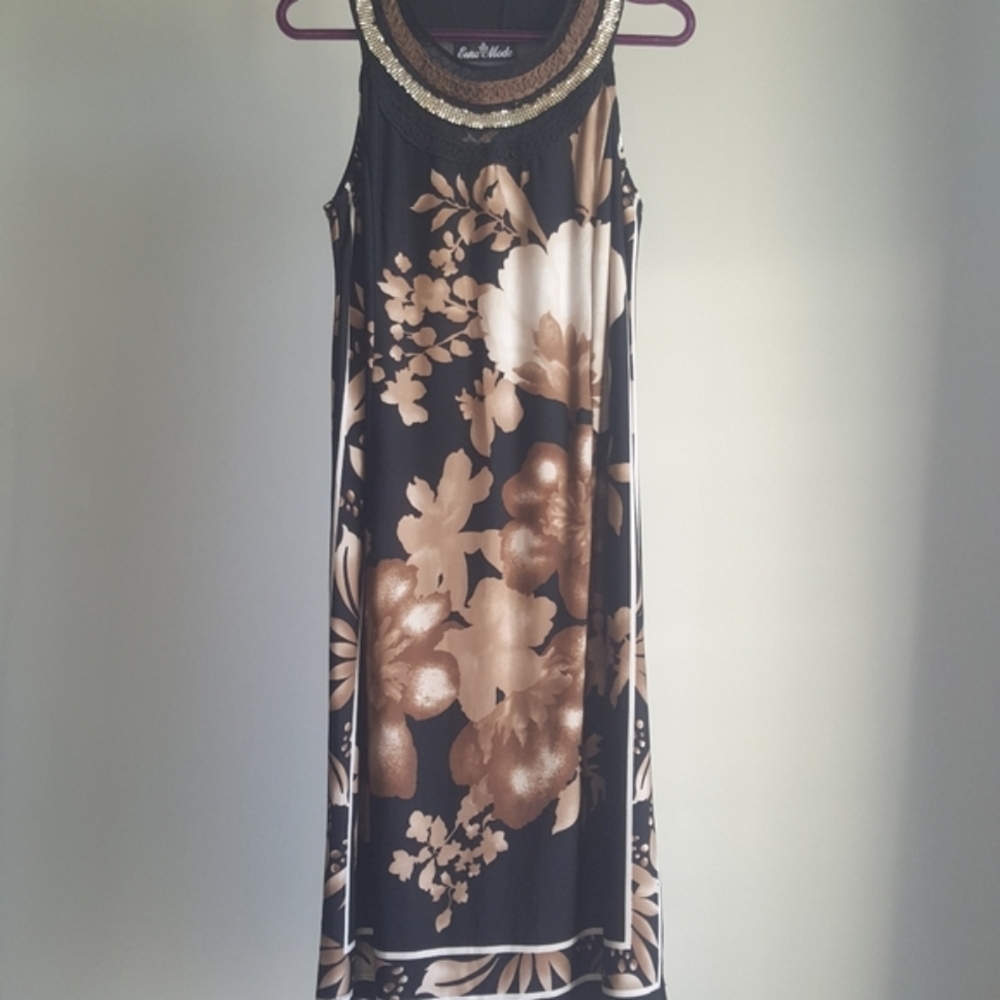 Vintage sepia floral midi dress sequined neck halter, M - Picture 2 of 6